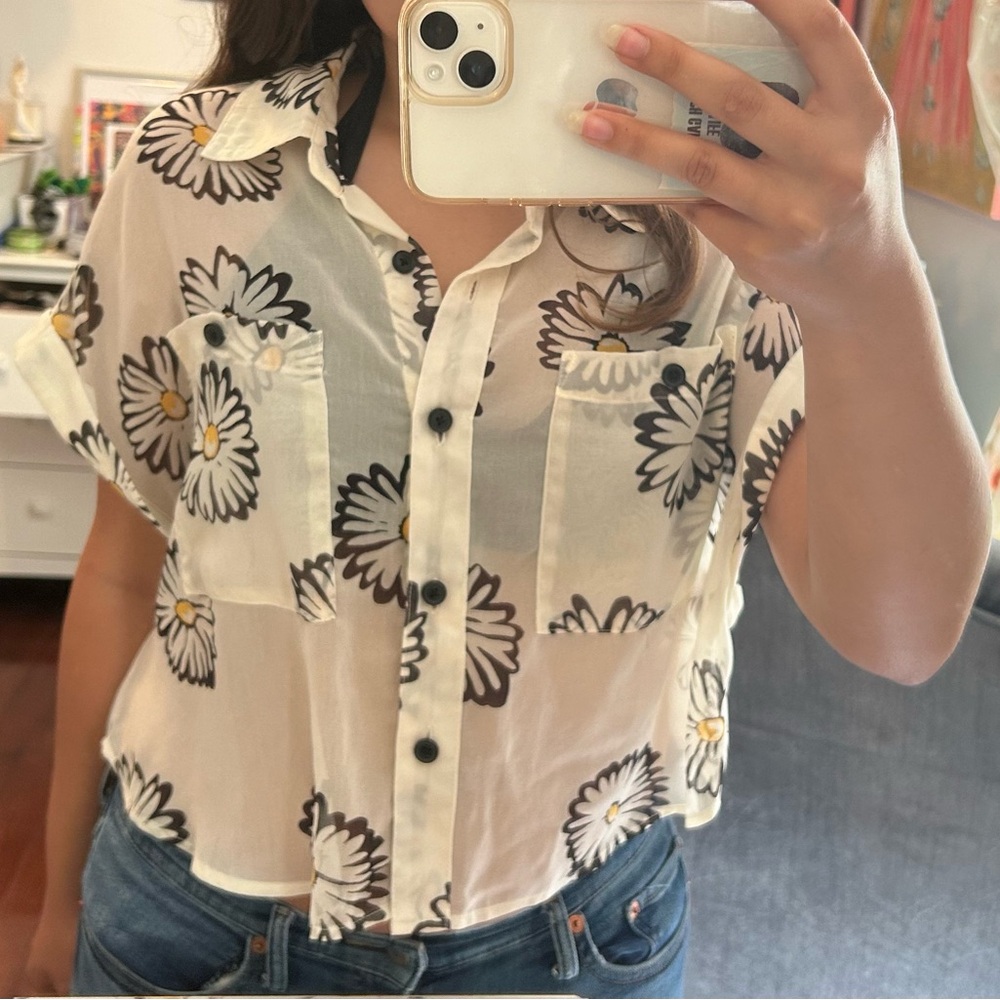 Urban Outfitters sheer cropped button down white daisy print blouse